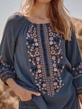 J. Jill Wildflower Smoke Embroidered Floral Cotton Blend Peasant Tunic Sz L